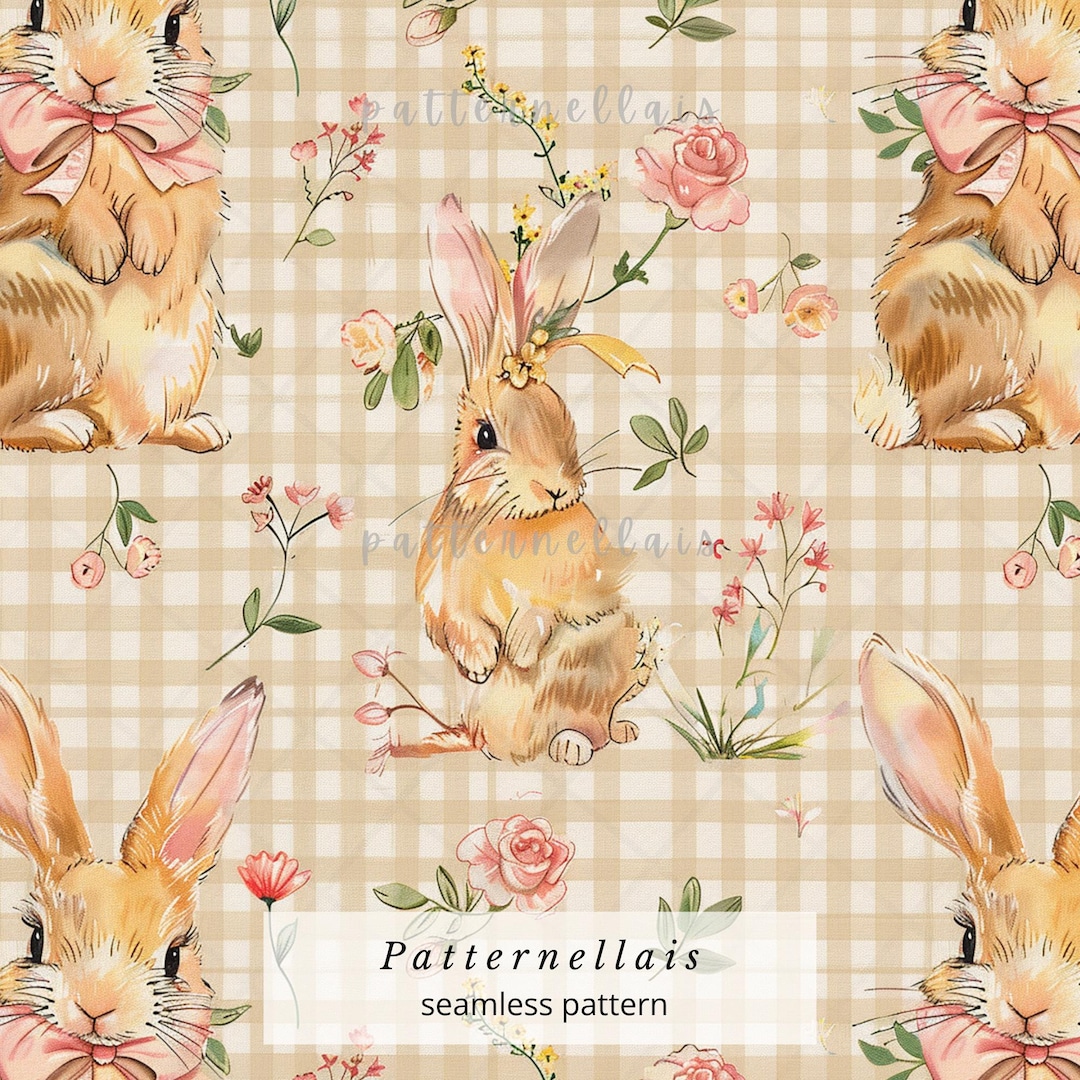 Bunny Seamless Pattern Digital Paper, Floral Rabbit Plaid Design ...