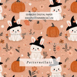 May include: A seamless digital paper pattern featuring white rabbits wearing black witch hats, orange pumpkins, and small flowers on a peach background. The text reads SEAMLESS DIGITAL PAPER 300 DPI COMMERCIAL USE and Patternnellais.