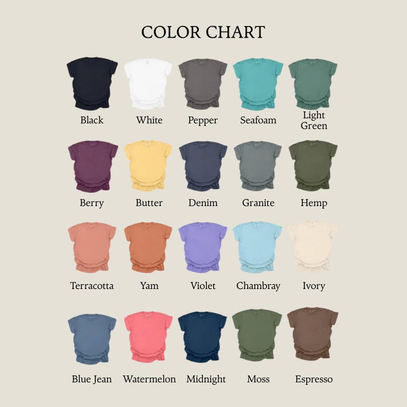 May include: A color chart displaying twenty t-shirt icons arranged in four rows of five. Each icon is labeled with its corresponding color name: Black, White, Pepper, Seafoam, Light Green, Berry, Butter, Denim, Granite, Hemp, Terracotta, Yam, Violet, Chambray, Ivory, Blue Jean, Watermelon, Midnight, Moss, and Espresso.