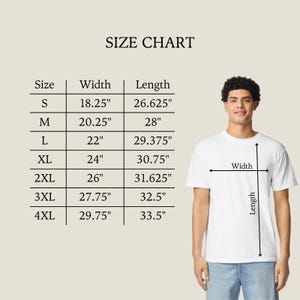 May include: A size chart for a t-shirt with a table listing sizes S through 4XL with corresponding width and length measurements in inches. The chart includes a visual guide showing a white t-shirt with arrows indicating width and length.