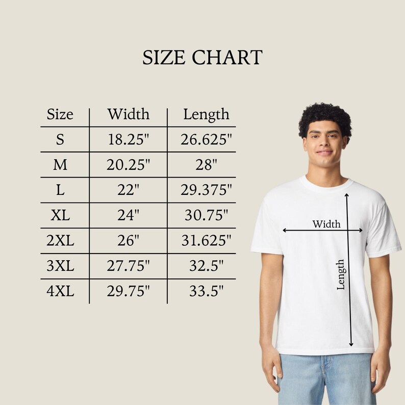 May include: A size chart for a t-shirt with a table listing sizes S through 4XL with corresponding width and length measurements in inches. The chart includes a visual guide showing a white t-shirt with arrows indicating width and length.
