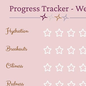 Könnte beinhalten: Ein Hautpflege-Fortschritts-Tracker für Woche 1, mit Abschnitten für Feuchtigkeit, Ausbrüche, Fettigkeit, Rötung und Glanz. Der Tracker enthält ein Sterne-Bewertungssystem und Platz für Änderungen an Hautpflegeprodukten und Hautzustandsdetails.