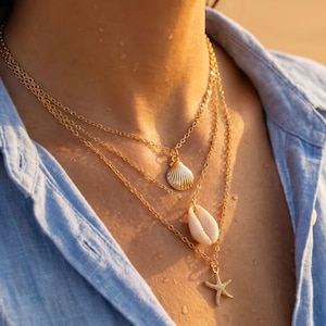 3 Bilder Sommer Seestern Muschel Halsketten-Set für Frauen, Küsten Layered Strand Schmuck, Ozean inspiriert Urlaub Halskette, Ocean Charm Anhänger