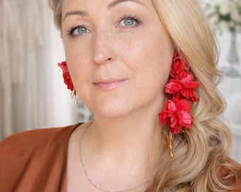 Red Floral Dangle Statement Earrings, Lightweight Handmade Bridal Jewelry