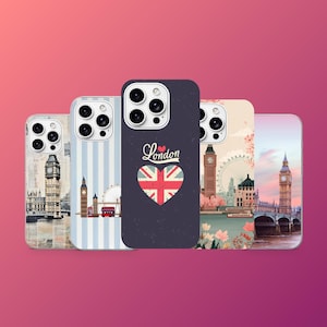 May include: A collection of phone cases featuring London landmarks. Designs include Big Ben, the London Eye, and a heart-shaped Union Jack. The cases are in various colors, including blue, white, and pink, with the word "London" on one case.