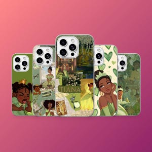 May include: A collection of five phone cases featuring illustrations of a princess in various poses and settings. The cases have a green and gold color scheme, with the word "TIANA" printed on one case.