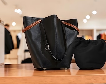 Roomy genuine leather bucket-style bag