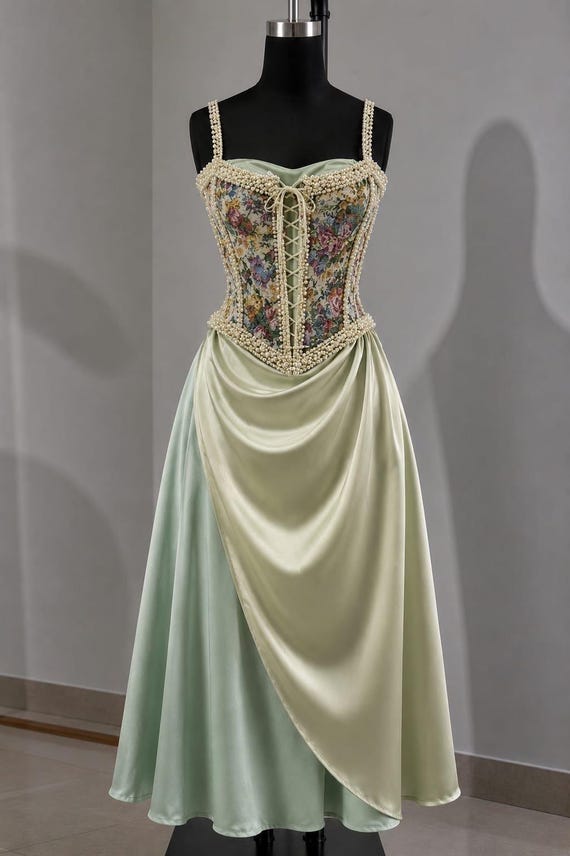 sage green fairy dress Embroidered Corset Gown, Cottagecore Dress, Romantic Renaissance Maxi, Garden Wedding Outfit holiday outfits