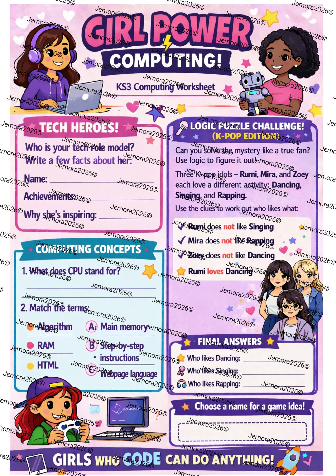 K-pop Girl Power KS3 Computing Worksheet – Logic Puzzle Starter (PDF ...