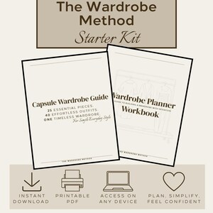 May include: The Wardrobe Method Starter Kit includes a Capsule Wardrobe Guide and a Wardrobe Planner Workbook. Icons indicate instant download, printable PDF, access on any device, and the text plan, simplify, feel confident with a heart icon.
