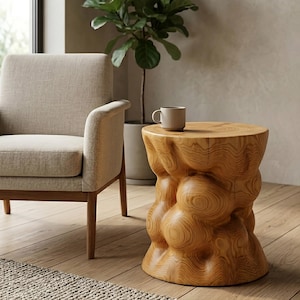Solid Cedar Wood End Table "Bubble", Luxury Sculptural Pedestal Column Stand
