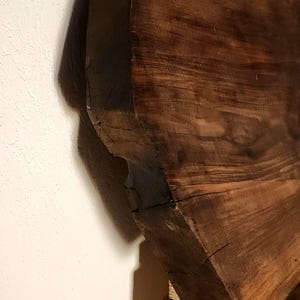 May include: Close-up of a large, dark brown wooden beam with a natural, rough texture. The wood grain is visible, and the beam has a unique, irregular shape. The beam is positioned against a white wall.