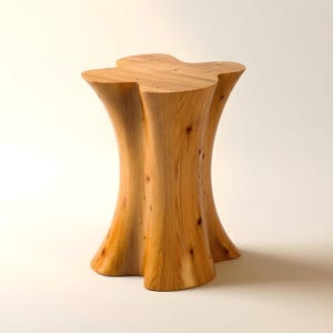 Puede incluir: Un taburete de madera de color marrón claro con un acabado liso y pulido y una forma de reloj de arena. La pieza presenta vetas de madera natural visibles y pequeños nudos en toda su estructura vertical curva, creando una forma sólida.