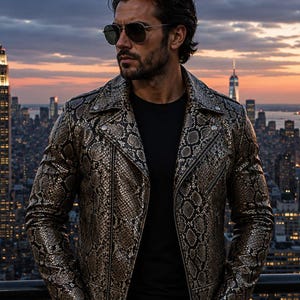 Men's Python Snakeskin Leather Biker Jacket, Luxury Motorcycle Jacket for Men,Exotic Reptile Pattern Jacket, Fashion Streetwear Leather Coat