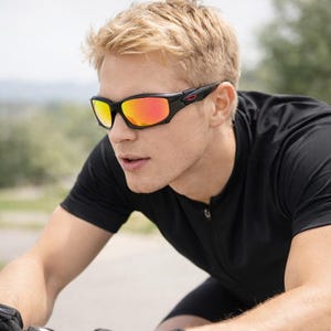 May include: Black sports sunglasses with red-orange mirrored lenses. The sunglasses have a black frame and are worn by a person wearing a black athletic shirt. The image is taken outdoors.