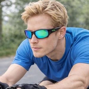May include: Black sports sunglasses with green and blue mirrored lenses. The sunglasses have a black frame and are designed for outdoor activities. The lenses provide protection from the sun's glare. The sunglasses are a stylish accessory for sports and everyday wear.