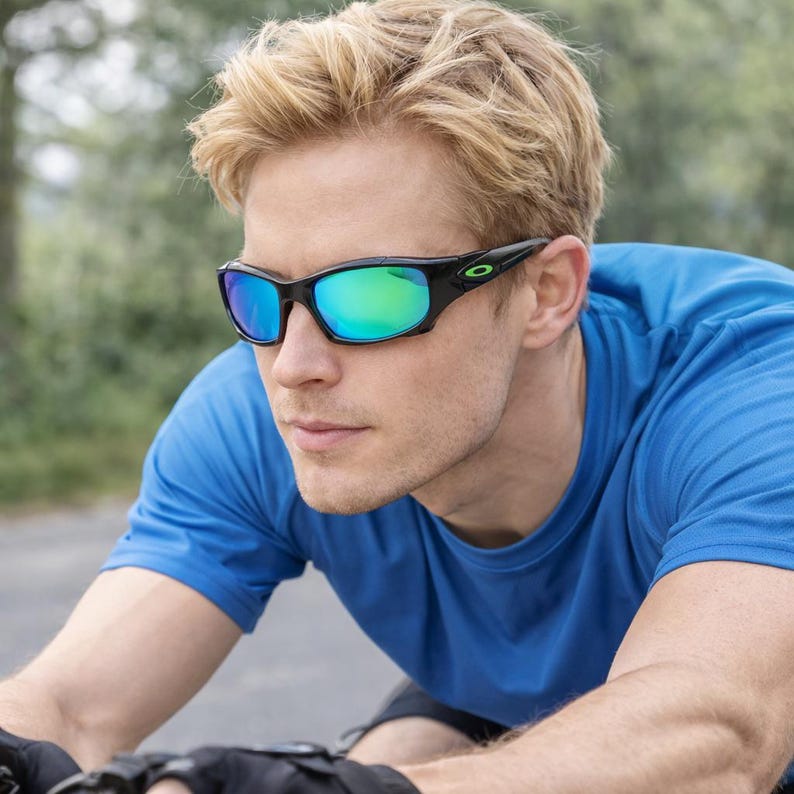 May include: Black sports sunglasses with green and blue mirrored lenses. The sunglasses have a black frame and are designed for outdoor activities. The lenses provide protection from the sun's glare. The sunglasses are a stylish accessory for sports and everyday wear.