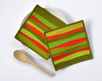 Green Potholders, Pot Holders,  Modern Pot Holders, Hostess Gift, Green Orange Pot Holders