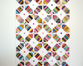 Scrappy Quilt, Lap Quilt, Geometric Quilt, White Throw Quilt, Scrappy Lap Quilt