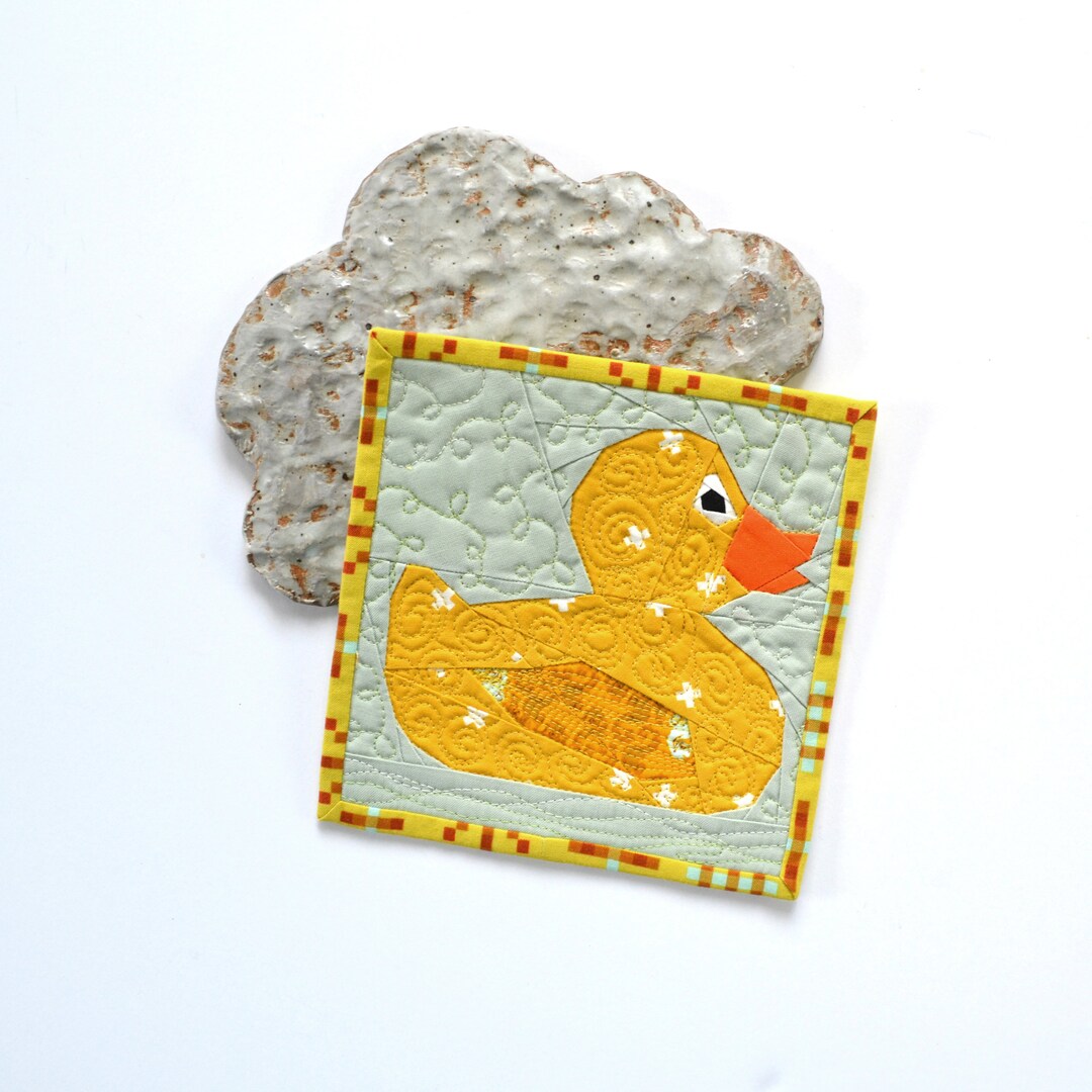 Rubber Duck Quilt, Mini Quilt, Orange Quilt, Fabric Postcard, Mini