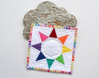 Rainbow Mini Quilt, Geometric Quilt, Fabric Postcard, Mini Quilt,  Mini Mini Quilt, Fiber Art