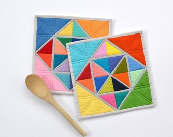 Geometric Pot Holders, Modern Kitchen Decor, Quilted Pot Holders, Rainbow, Hostess Gift, Kitchen Accessories