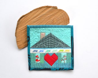 Tiny Home Quilt, Mini Mini Quilt, Heart Quilt, Fabric Coaster, Fiber Art