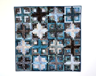 Batik Modern Quilt, Blue Square Quilt, Watercolor Quilt, Modern Lap Quilt
