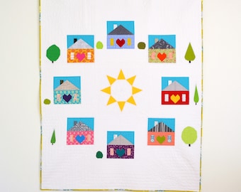 Rainbow Quilt, Quilt with Houses, Modern Quilt, Heart of the Home Quilt, Heart Quilt