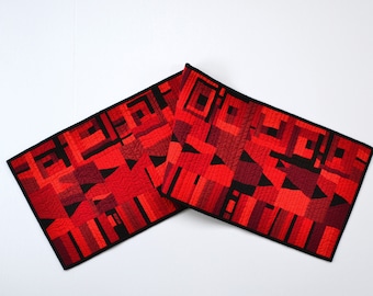 Red Table Runner, Table Decor, Quilted Table Runner, Abstract Table Runner, Red & Black Wall Hanging, Modern Table Runner