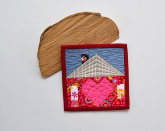 Tiny Home Quilt, Mini Mini Quilt, Heart Quilt, Fabric Coaster, Fiber Art