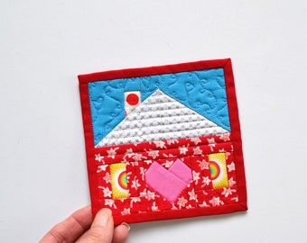 Tiny Home Quilt, Mini Mini Quilt, Heart Quilt, Fabric Coaster, Fiber Art