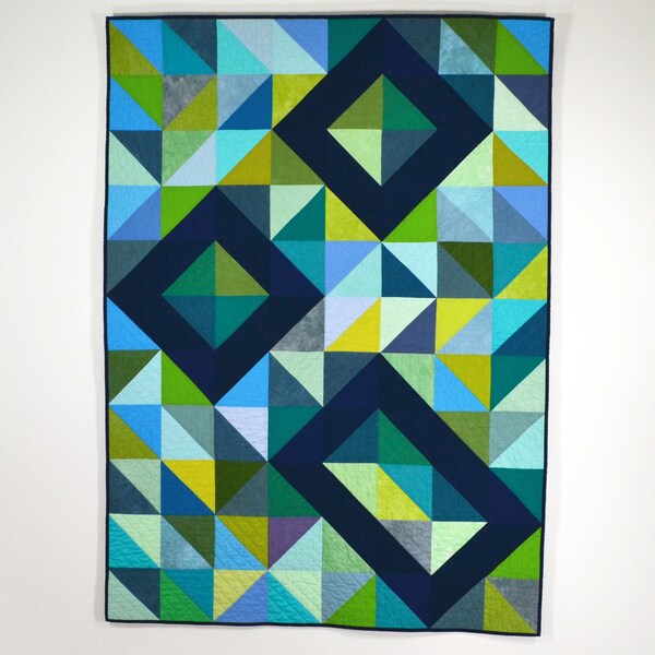 Geometric Blue Quilt, Modern Quilt, Geometric, Triangles, Green Modern Quilt, Indigo, Green