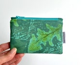 Green Coin Purse, Hand Printed Zipper Pouch, Leaf, Green, Blue, Teal, Aqua