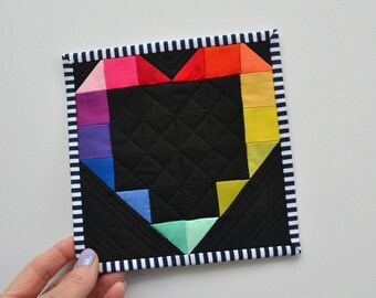 Mini Quilt, Rainbow Quilt, Mini Mini Quilt, Fiber Art, Rainbow Heart Quilt, Rainbow