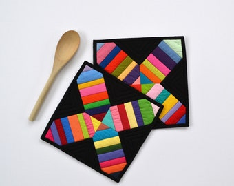 Geometric Pot Holders, Modern Kitchen Decor, Quilted Pot Holders, Rainbow, Hostess Gift, Kitchen Accessories