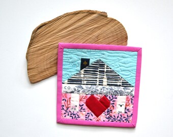 Tiny Home Quilt, Mini Mini Quilt, Heart Quilt, Fabric Coaster, Fiber Art