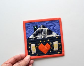 Haunted House, Holiday Mini Quilt, Mini Mini Quilt, Heart Quilt, Fabric Coaster, Halloween