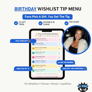 Önskelista för födelsedag OnlyFans | Anpassad önskelista Interaktiv tipsmeny | Redigerbar Canva-mall PDF-guide | Fanvue Fansly LoyalFans