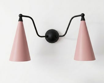 Mid-Century Modern Double Arm Wall Sconce, Pink Vanity Light, Art Deco Lighting