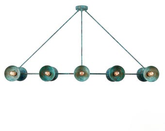 58" Verdigris Brass Linear Chandelier, 10Light Green Patina Kitchen Island Light, Oversized Verdigris Pendant Light, Large Pool Table Light