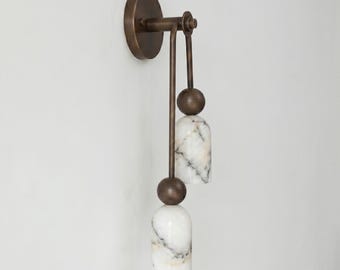 Natürliche Alabaster Doppelsäulen-Wandleuchte, moderne Messing-Wandleuchte mit zwei Lichtern, Plug-in-Wandleuchte