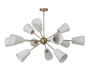 Lámpara de araña Sputnik con pantalla de lino grande - Lámpara de araña de latón de 12 luces - Lámpara de araña moderna de mediados de siglo para vestíbulos con techos altos - Lámpara colgante de lino