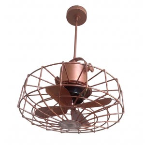 May include: A copper-colored ceiling fan light fixture featuring a circular metal wire cage surrounding three fan blades. The unit is suspended by a central rod attached to a circular ceiling mount, with a dark central motor housing.