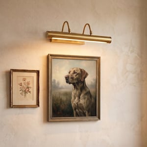 Peut inclure: Un éclairage de tableau en laiton illumine deux œuvres encadrées sur un mur texturé. Le grand cadre contient un portrait de chien, tandis que le plus petit présente une impression florale. Le luminaire est rectangulaire avec deux supports incurvés.