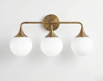Mid-Century Modern 3-Light Globe Vanity Light, Scalloped Brass Wall Lamp, Triple Glass Globe Semi Flush Mount Lighting
