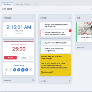 May include: A digital interface displaying a task management system. The screen is divided into sections labeled 'Personal', 'School', and 'Art'. Each section contains cards with text, including a timer, to-do lists, and a sketch of a dog.