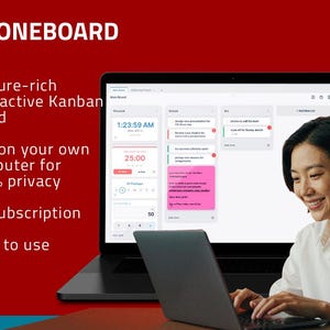 Op de afbeelding: Een persoon gebruikt een laptop met een interactief Kanban-bord met veel functies. Het scherm toont een digitale planner met tijdregistratie- en taakbeheerfuncties. De tekst op het scherm bevat "ONEBOARD", "1:23:59 AM" en "25:00".