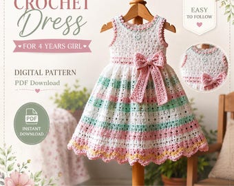 Toddler Crochet Dress Pattern | Lace, Bow Detail, Size 4 Years (PDF Download)