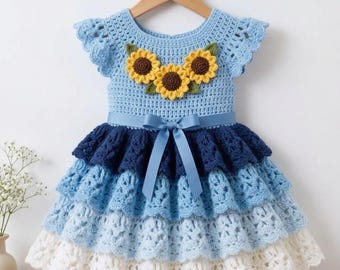 Patrón de vestido de ganchillo para bebé niña en PDF / Conjunto de girasoles para niña pequeña talla 2T / Volantes escalonados / Descarga instantánea